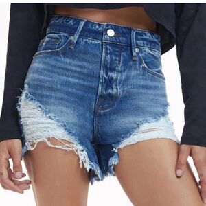 Good American Distressed High-Rise Blue Denim Jean Shorts